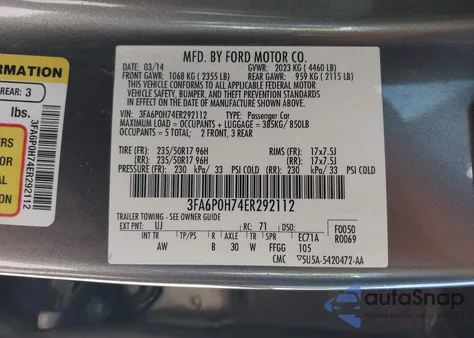 2014 Ford Fusion Se from USA, damaged, VIN 3FA6P0H74ER292112